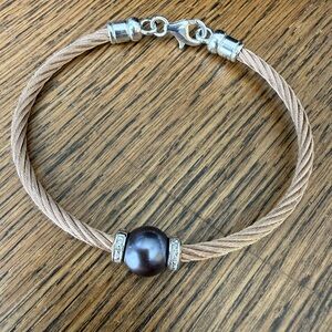 Copper Colored Cable Bracelet with Silver Accents and Blue Pearl